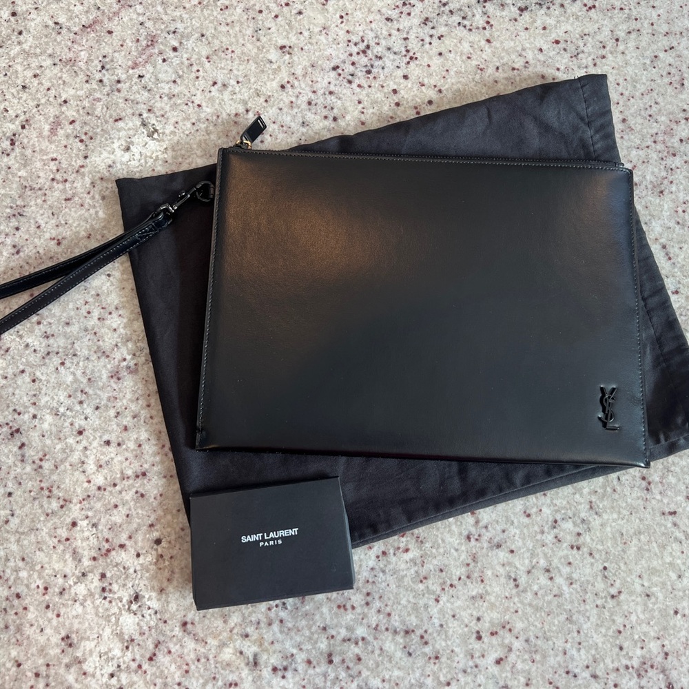 Saint Laurent Black Leather Clutch With Monogram Detail  Authentic